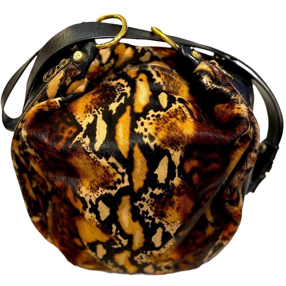 👜 Marino Orlandi Italian Classic Black Leather & Shorthair Fur Bucket Sling Bag